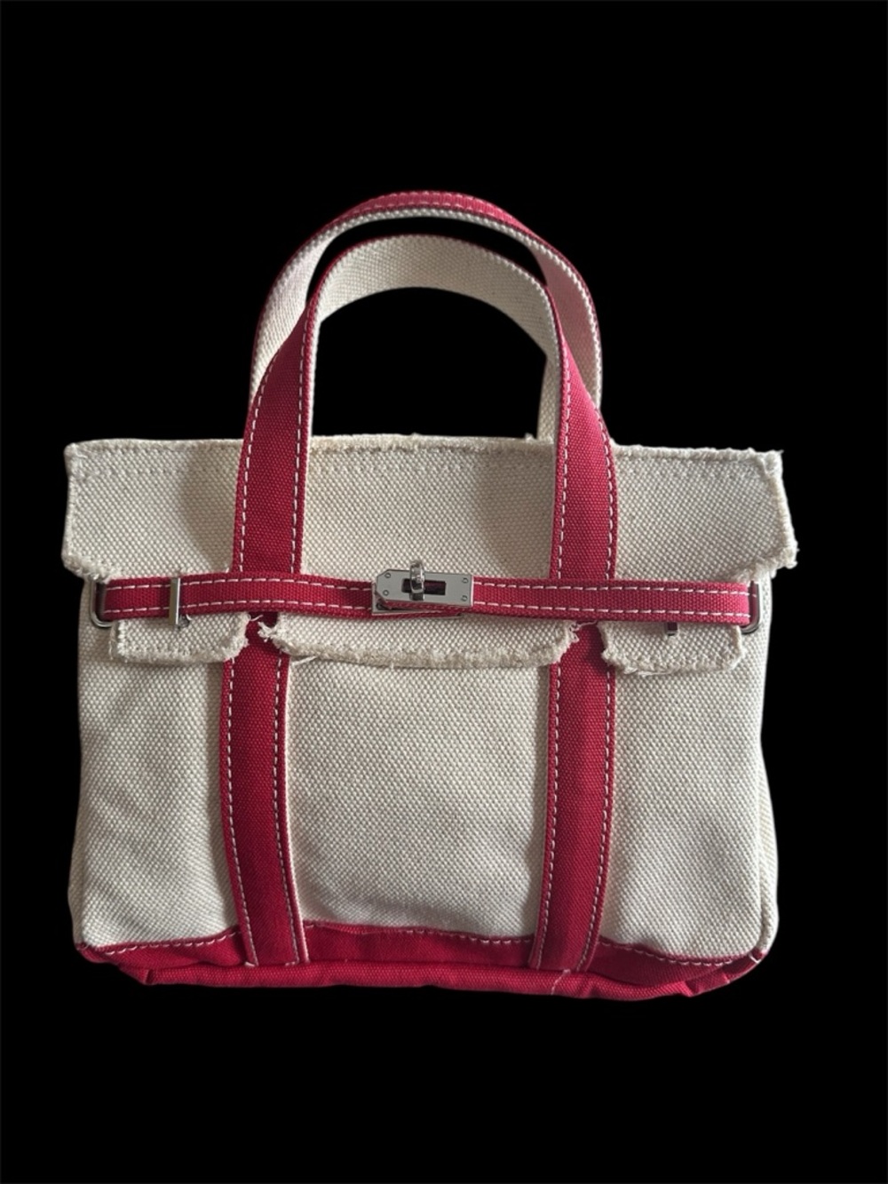 Boatkin Style Canvas Tote Bag Red Straps Silver Hardware - NEW